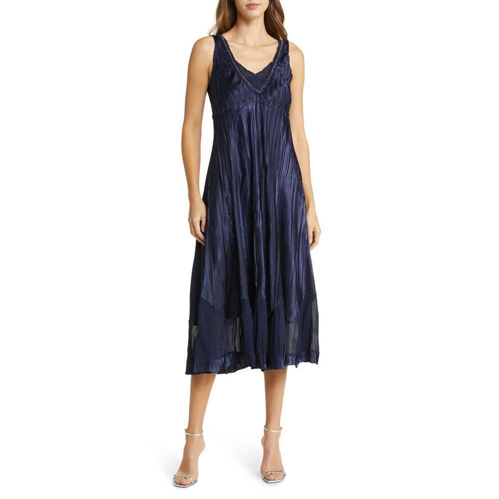 KOMAROV Women's Navy Beaded Charmeuse & Chiffon Tiered Midi Dress Size L NWT